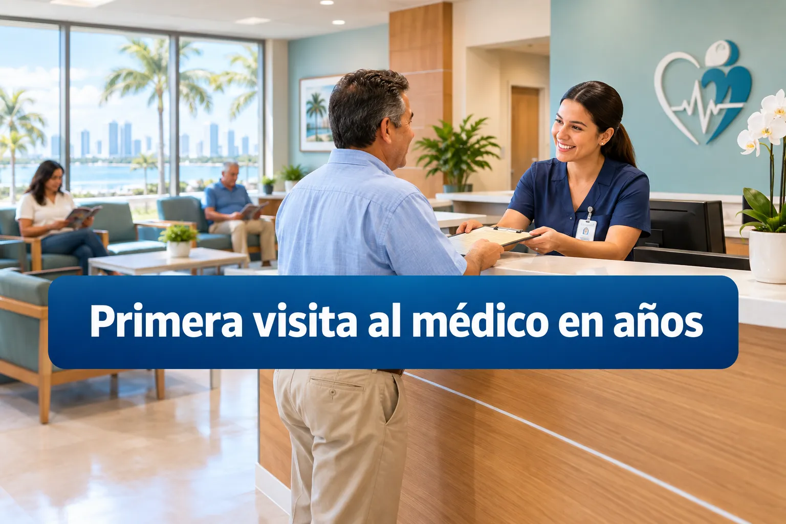 Professional () hero image with SHORT (≤42 chars): 'Primera visita al médico en años', no character touching the edge.