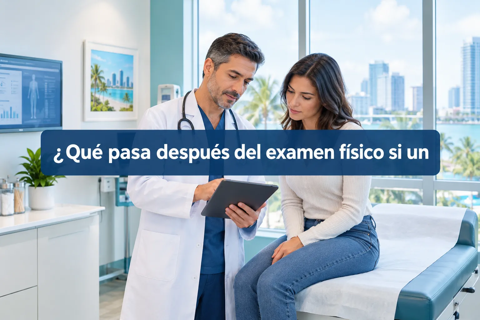 Professional () hero image with SHORT (≤42 chars): '¿Qué pasa después del examen físico si un', white on a navy