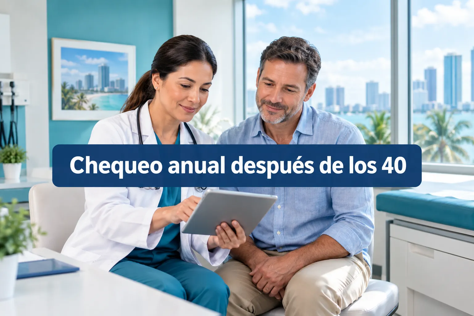 Professional () hero image with (≤42 chars): 'Chequeo anual después de los 40', white centered on a soft navy panel, 8% safe