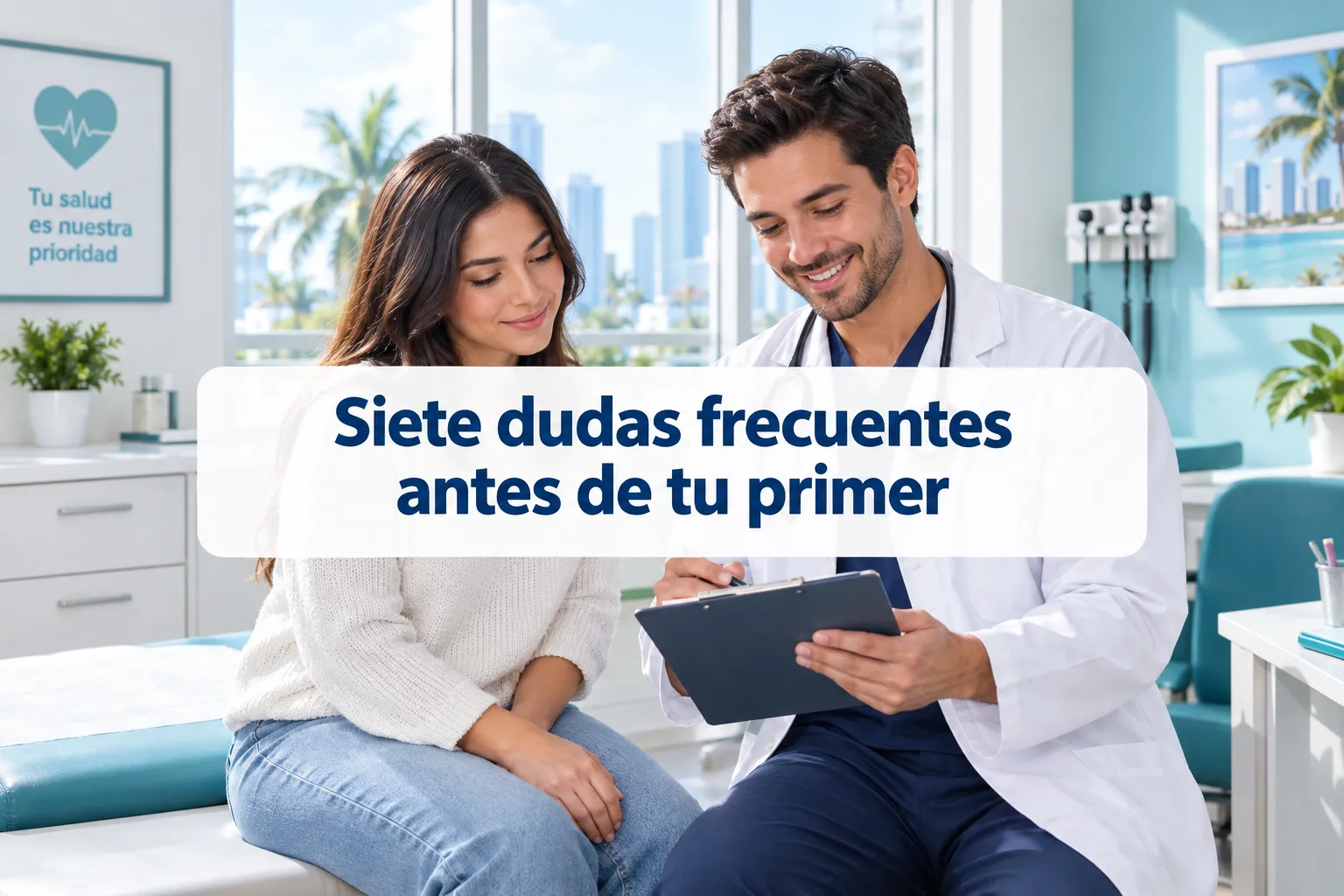 Professional () hero image with (≤42 chars): 'Siete dudas frecuentes antes de tu primer', navy on a soft white panel,